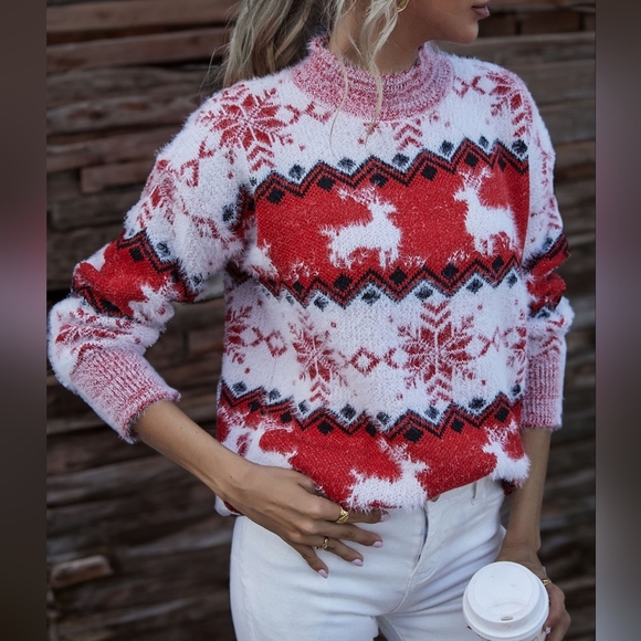 Fuzzy Fair Isle Snowflake Reindeer Red Knit Shirt Holiday Minimalist Sweater Top - Picture 6 of 7
